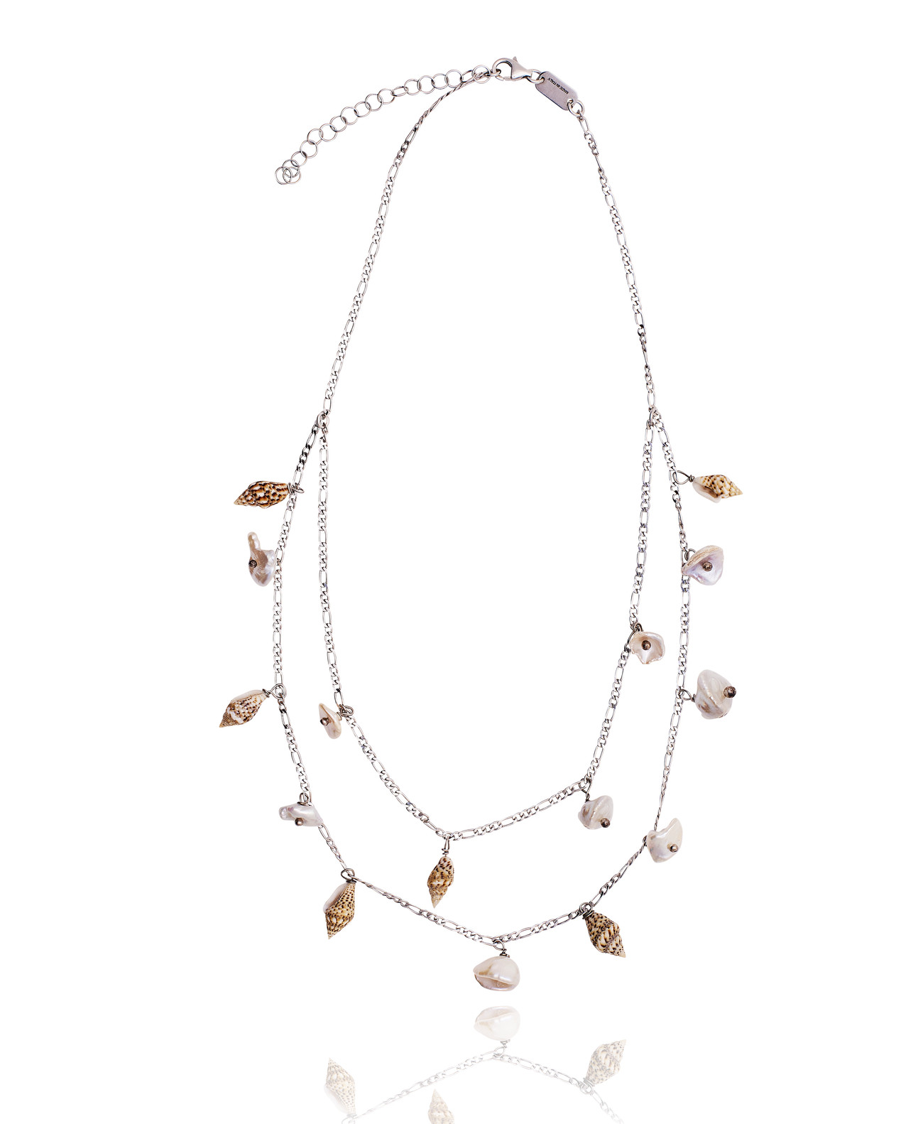 Silver Figaro Double Necklace with White Keshi Pearls