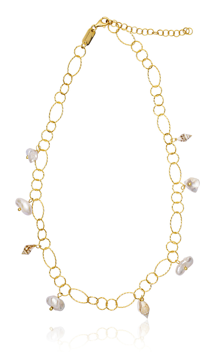 Gold plated Rings Necklace with White Keshi Pearls